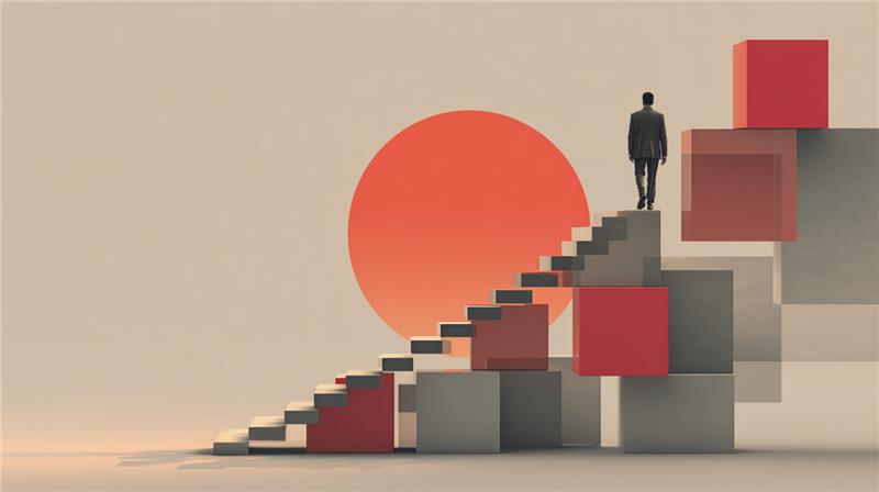 Ilustração de um empresário subindo uma escada formada por blocos vermelhos e cinzas, simbolizando as etapas da profissionalização de médias empresas.