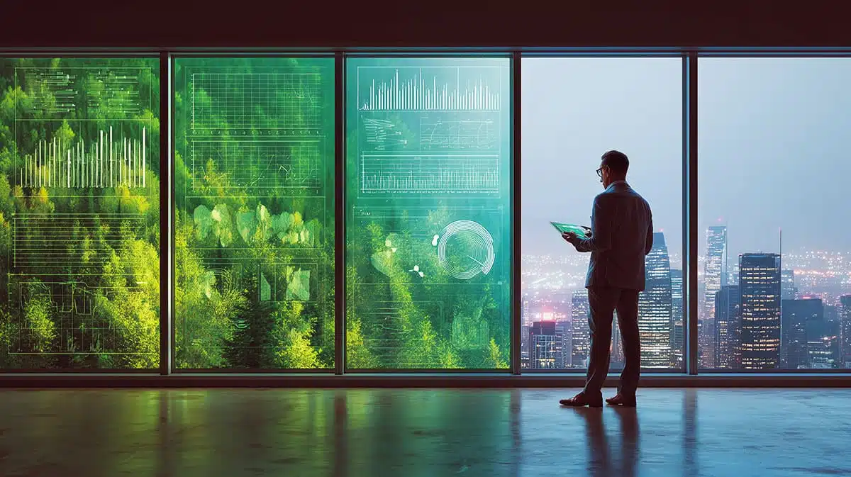 Profissional analisando indicadores de sustentabilidade e práticas de ESG em painel digital com dados ambientais e urbanos.