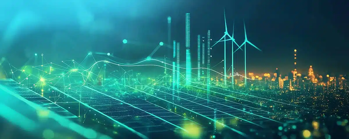 Painéis solares e turbinas eólicas integrados a uma rede digital inteligente representando práticas de ESG e geração de energia sustentável.