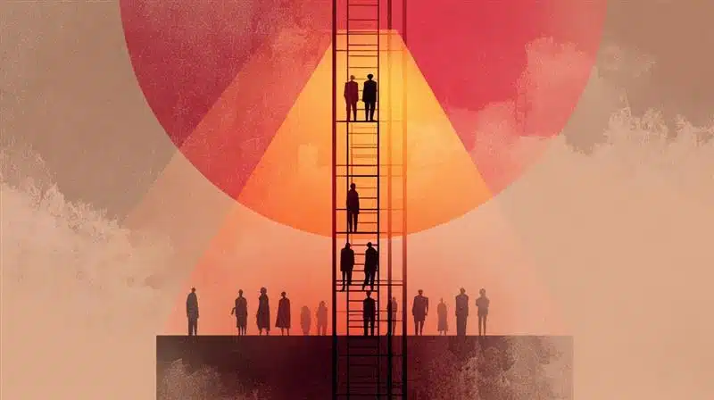 Meritocracia nas empresas: profissionais subindo uma escada em direção à promoção.