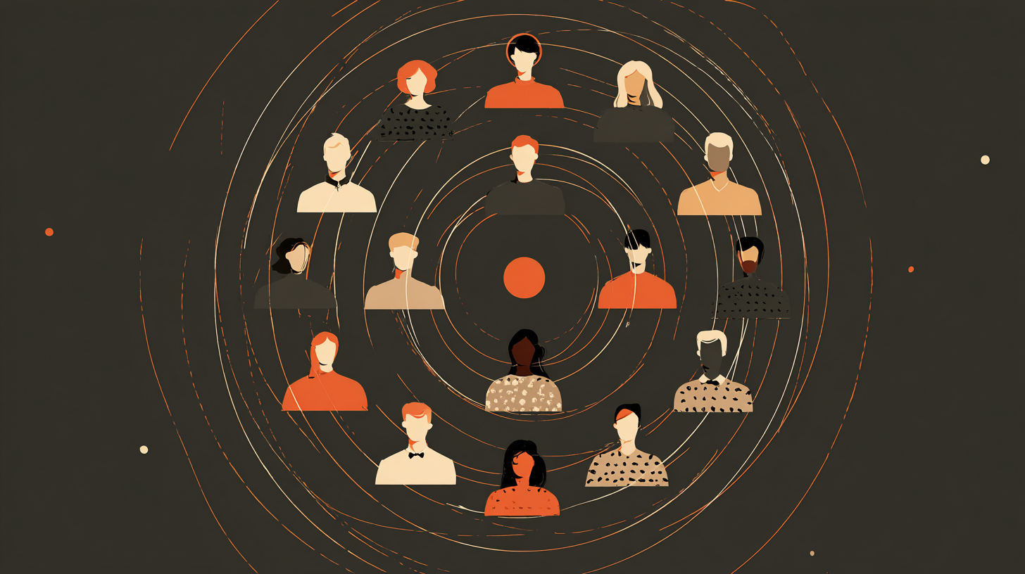 Ilustração de pessoas conectadas por círculos concêntricos, representando a retenção de talentos e a importância da cultura organizacional nas médias empresas.