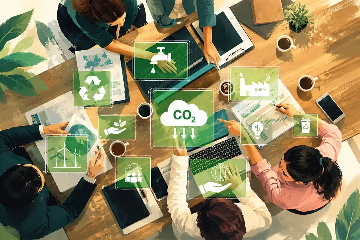 Equipe analisando indicadores de práticas de ESG, sustentabilidade, CO₂ e gestão ambiental.