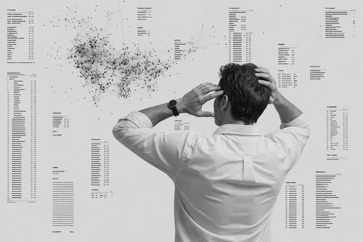 Profissional analisando visualização de dados complexos em um ambiente data driven para identificar padrões, tendências e oportunidades de negócio.