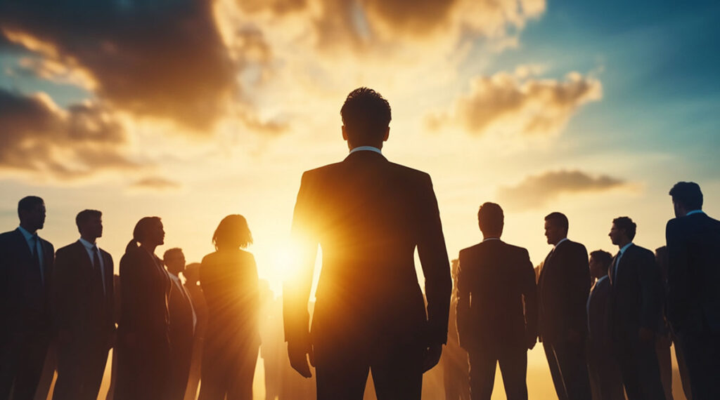 Ilustração de diferentes tipos de liderança no mundo corporativo, com um líder à frente de sua equipe ao pôr do sol, simbolizando visão estratégica e influência.