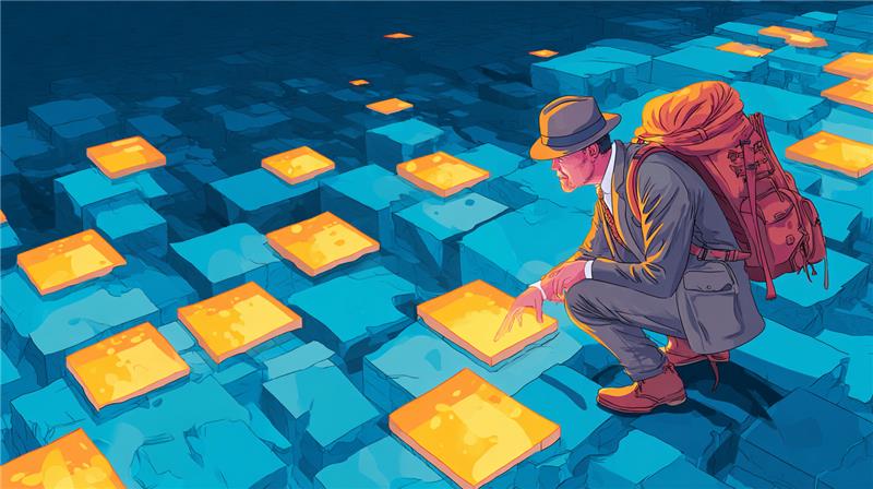 Ilustração de empresário analisando blocos iluminados no chão, simbolizando os desafios das médias empresas e a importância do planejamento estratégico para o crescimento sustentável.