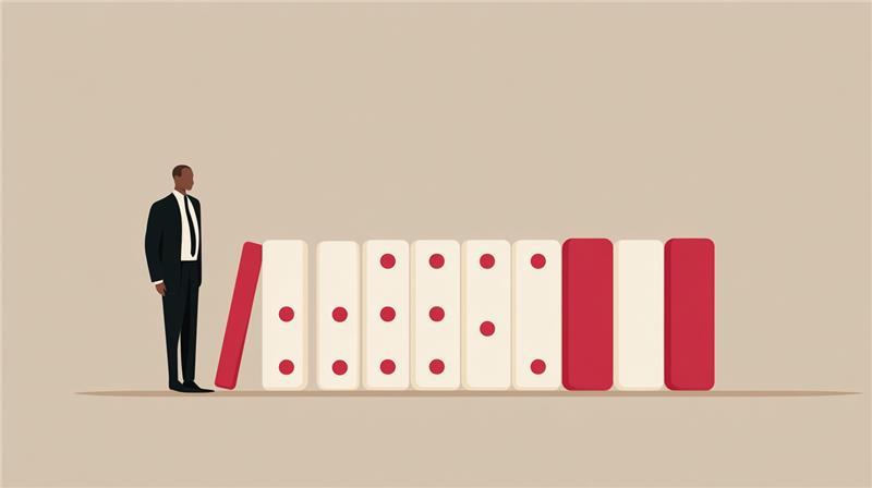 Ilustração de empresário diante de peças de dominó prestes a cair, simbolizando os riscos e desafios enfrentados pelas médias empresas na gestão e tomada de decisão.