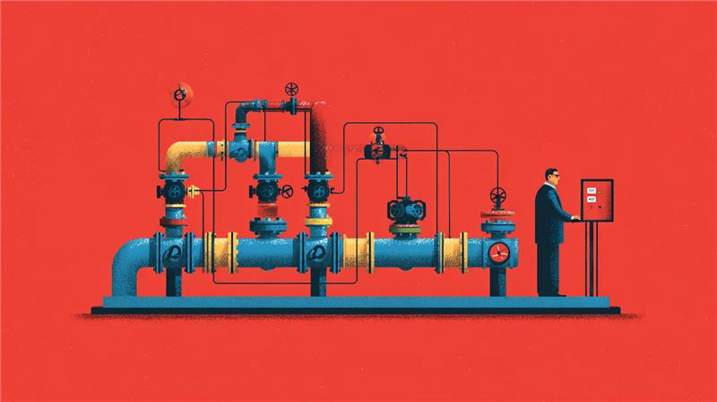 Ilustração conceitual de um gestor operando um painel conectado a uma rede de tubos e válvulas, representando a gestão empresarial em médias empresas e a importância de processos bem estruturados.
