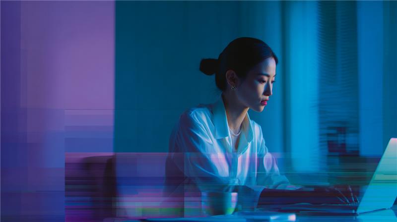 Mulher asiática concentrada usando notebook em ambiente corporativo de tecnologia, simbolizando a crescente presença das mulheres na tecnologia e a importância da diversidade no setor.