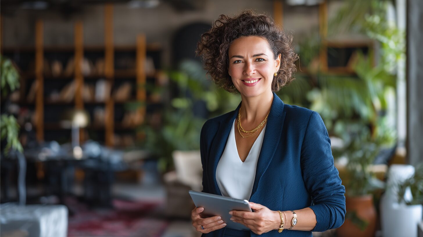 Mulher líder do setor de tecnologia trabalhando com foco em um centro de tecnologia, representando o avanço e protagonismo das mulheres na tecnologia e no setor de TI.