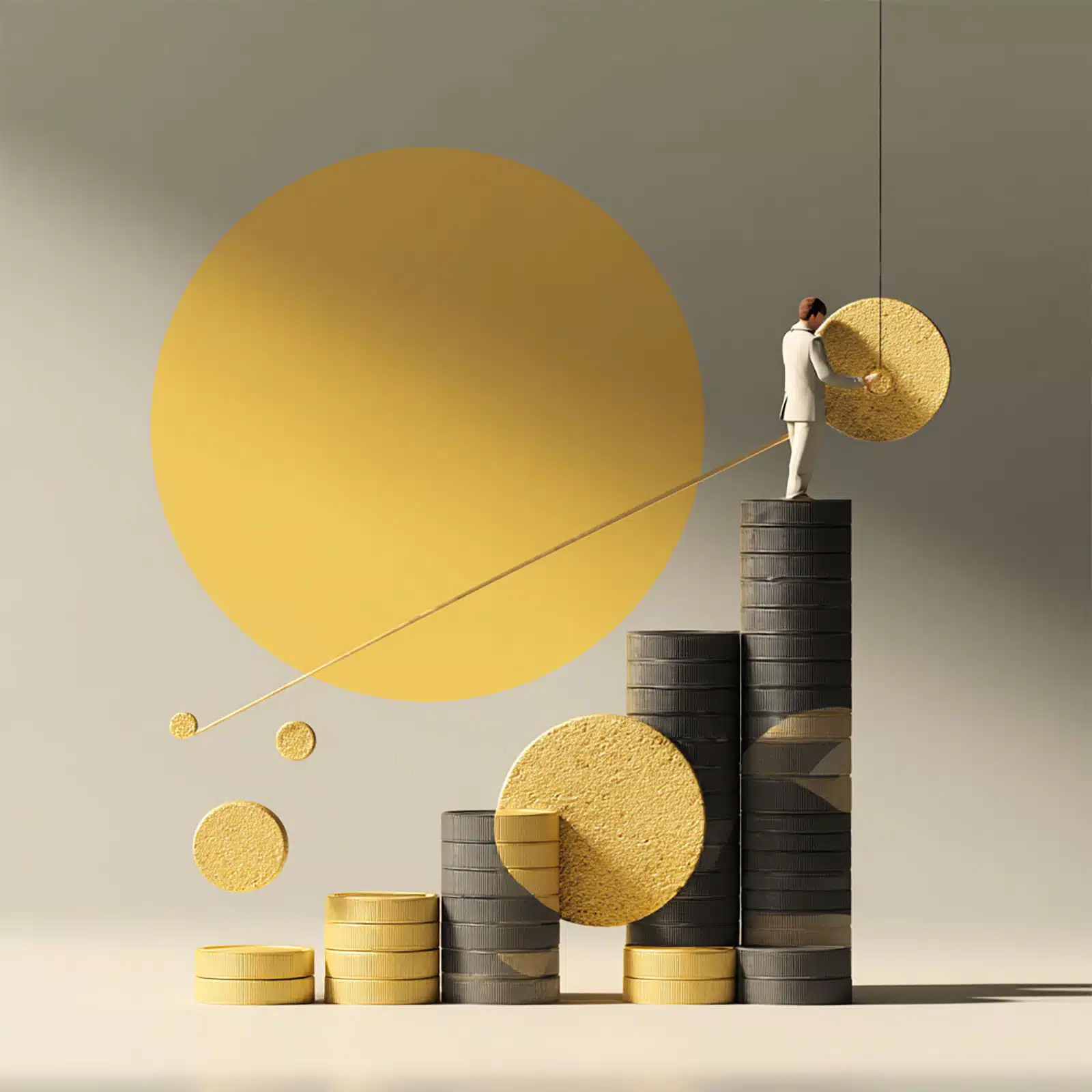 Profissional ajustando moedas empilhadas, representando o crescimento financeiro gerado pela remuneração variável empresarial.