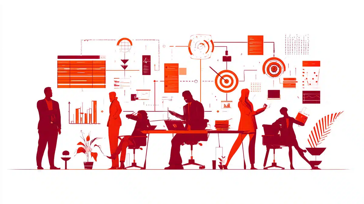 Ilustração sobre governança de processos mostra uma equipe acompanhando indicadores, metas e a execução da empresa em painéis visuais.