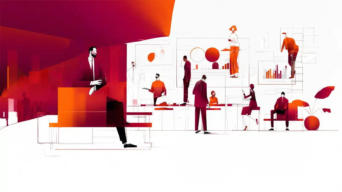 Ilustração sobre governança de processos mostra lideranças analisando indicadores e acompanhando a execução da empresa.