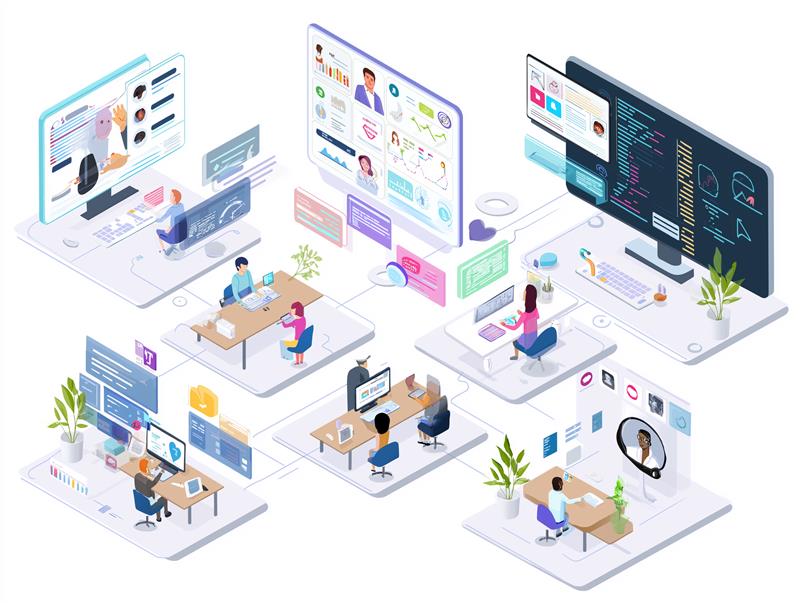 Ilustração de equipes conectadas por tecnologia e sistemas digitais, representando a profissionalização de médias empresas por meio da integração de processos, automação e colaboração.