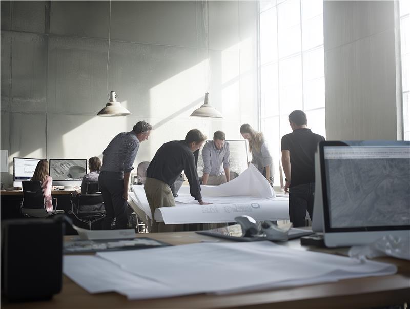 Grupo de profissionais analisando projetos em uma mesa de escritório iluminada, representando estratégias para maximizar lucros em médias empresas por meio de gestão de projetos e trabalho em equipe.