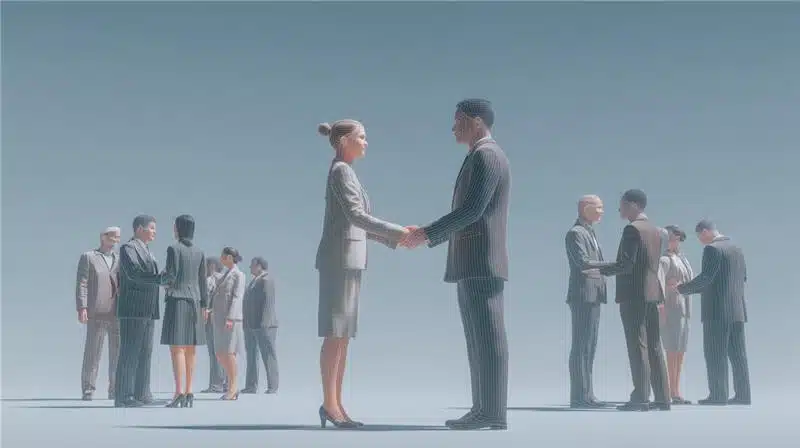 Executivos em reunião apertando as mãos, simbolizando relacionamento e confiança ao implementar NPS em médias empresas.