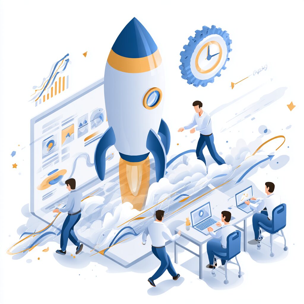 Ilustração conceitual de produtividade com um foguete decolando, equipe trabalhando em laptops e gráficos de desempenho. Representa crescimento acelerado com apoio da tecnologia em ambientes empresariais.