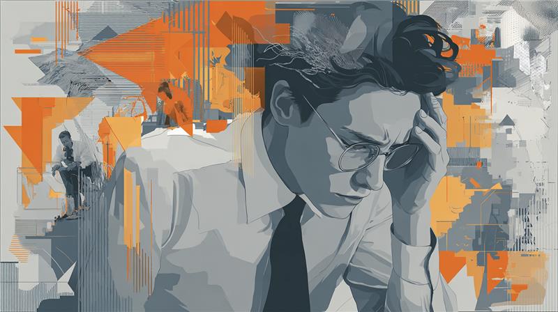 Ilustração de empresário com expressão de preocupação, representando os desafios enfrentados por médias empresas e a necessidade de estratégias de gestão eficientes.