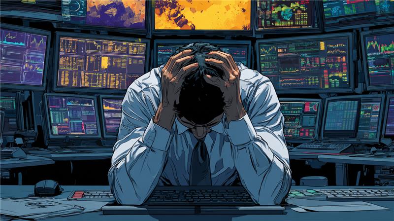 Gestor exausto diante de vários monitores cheios de dados financeiros, simbolizando a sobrecarga causada pela falta de gestão eficiente em médias empresas.