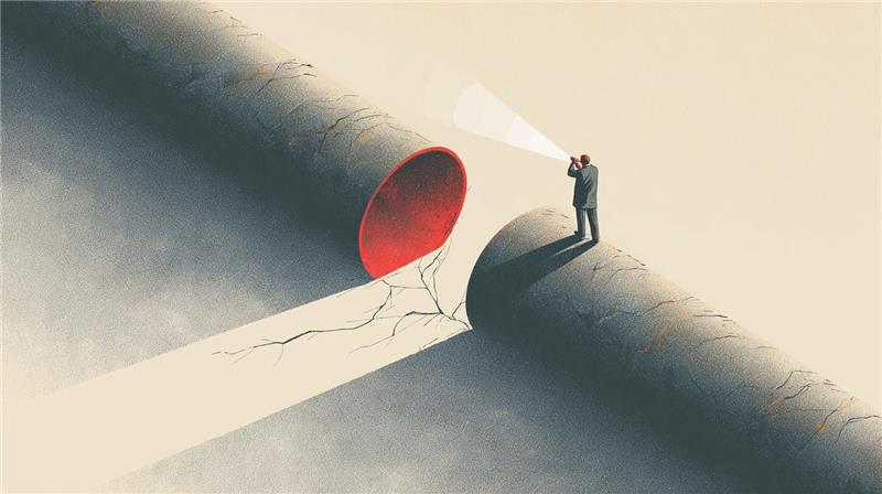 Ilustração de empresário observando uma rachadura em um grande tubo iluminado por uma lanterna, simbolizando os riscos invisíveis e os desafios do crescimento empresarial sem estrutura.