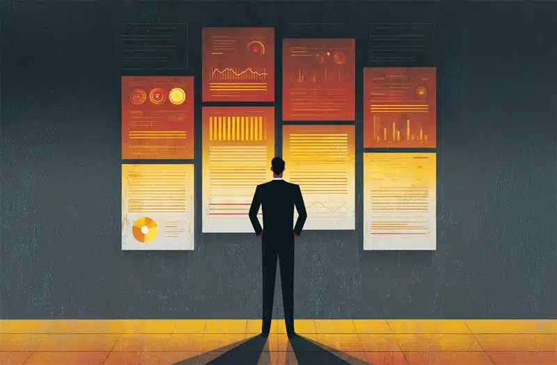 Gestor analisando indicadores financeiros e relatórios, representando a importância do planejamento financeiro empresarial para decisões estratégicas.