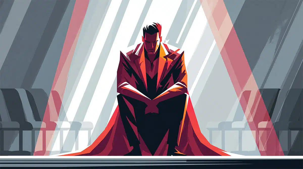 Ilustração de empresário em pose de herói representando gestão centralizadora, dependência do dono e gargalo na empresa