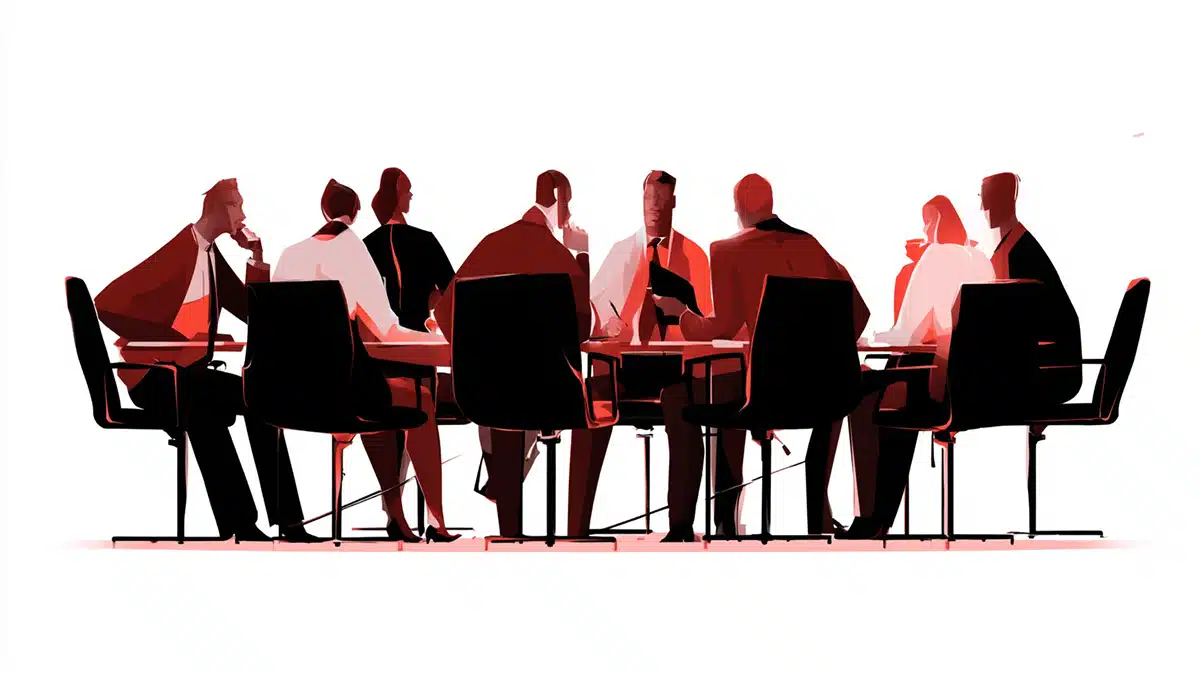 Ilustração sobre governança em empresas familiares mostra um grupo em reunião discutindo decisões estratégicas e alinhamento da gestão.