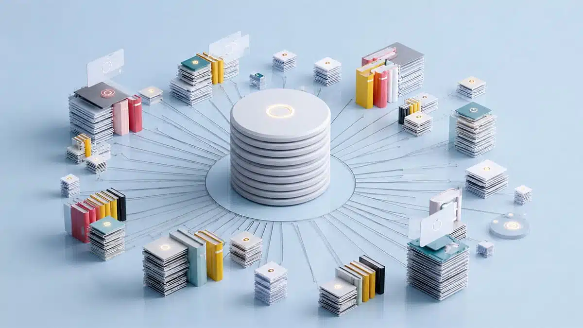 IA e maturidade de gestão representadas por dados empresariais integrados em uma base central conectada a documentos e sistemas.