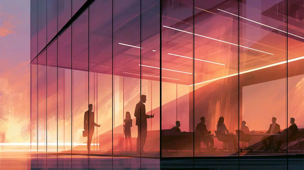 Liderança estratégica em média empresa com executivos reunidos em ambiente corporativo
