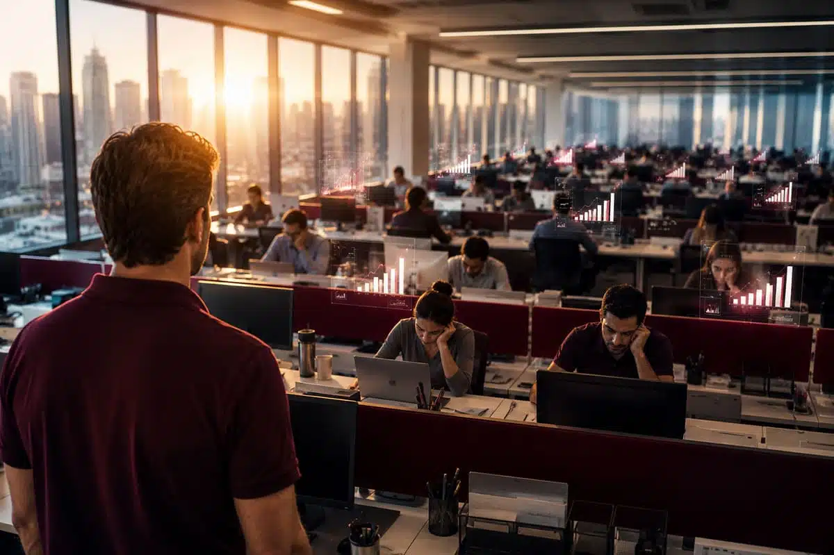 Imagem de ambiente corporativo com liderança observando uma equipe em escritório aberto, acompanhada por indicadores visuais de desempenho. A cena representa a relação entre gestão, pressão operacional, saúde mental no trabalho e riscos psicossociais previstos na NR-1.