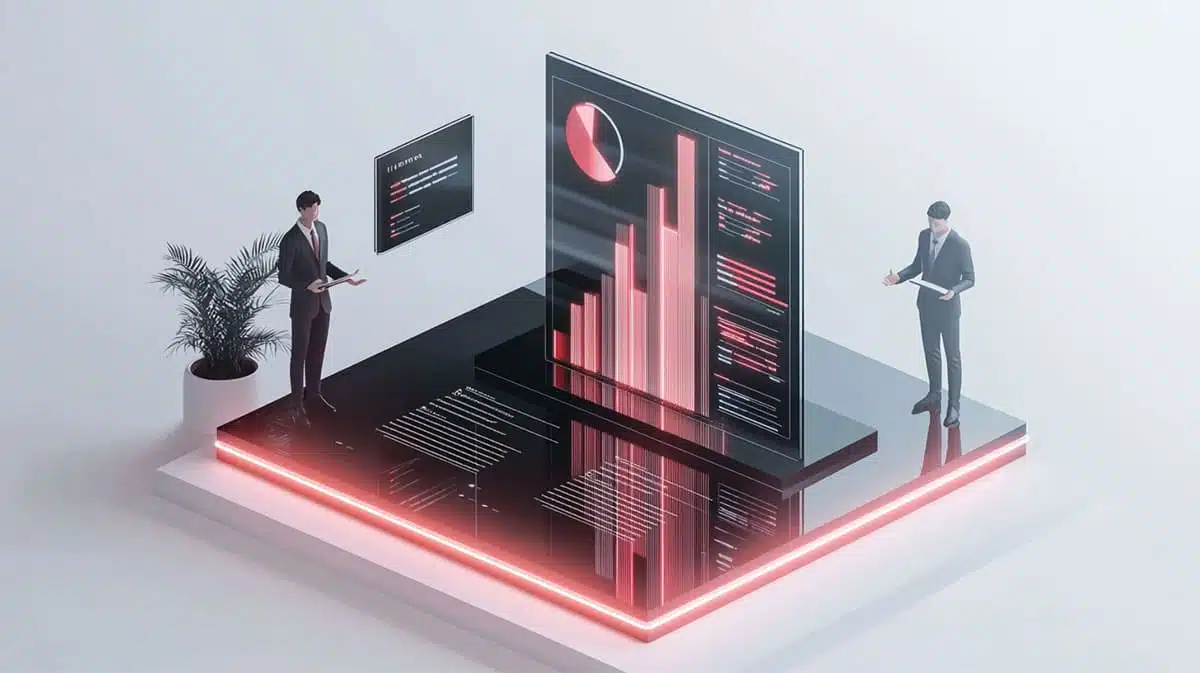 Dois gestores analisando produtividade com IA e indicadores de resultado em tempo real, medindo o impacto real da inteligência artificial