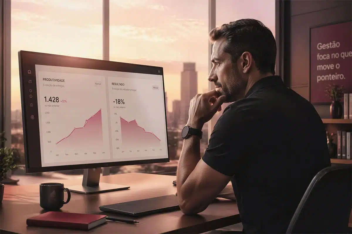Empresário analisando dashboard com produtividade em alta e resultado em queda, ilustrando o erro de confundir volume com retorno