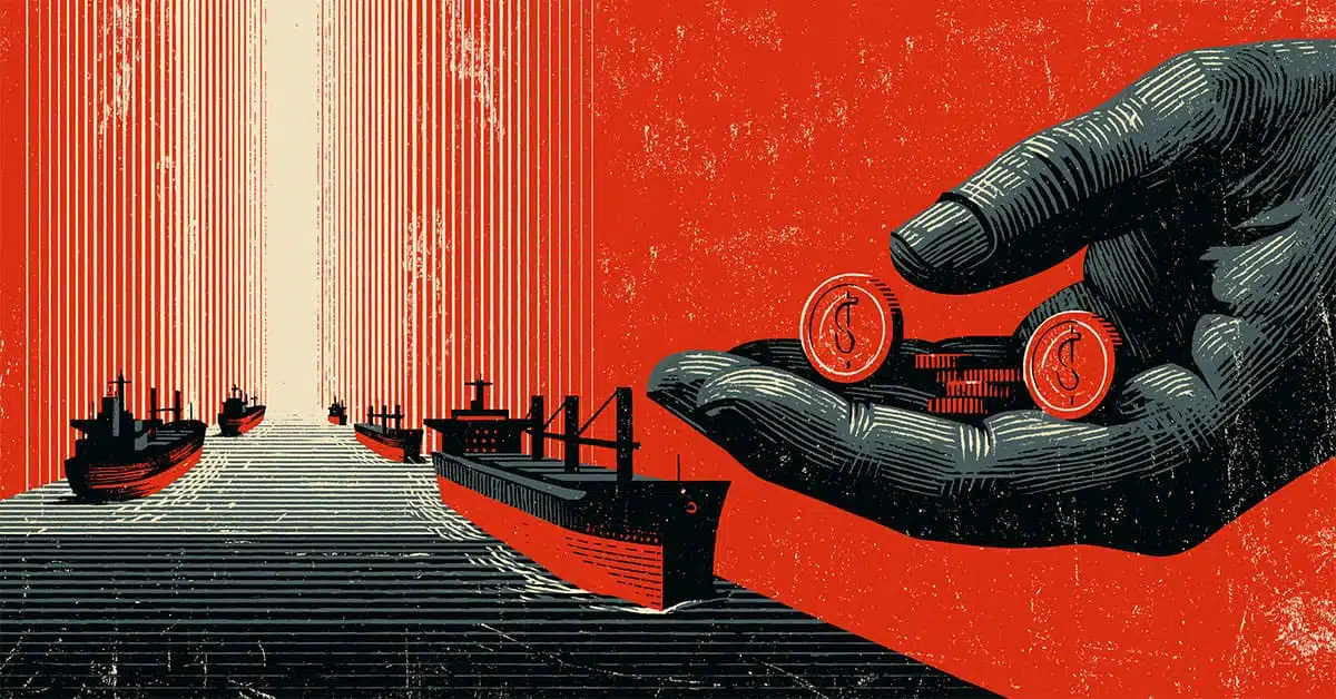 Ilustração de navios cargueiros e moedas em uma mão representando o aumento de custos do tarifaço para médias empresas que atuam no comércio internacional.
