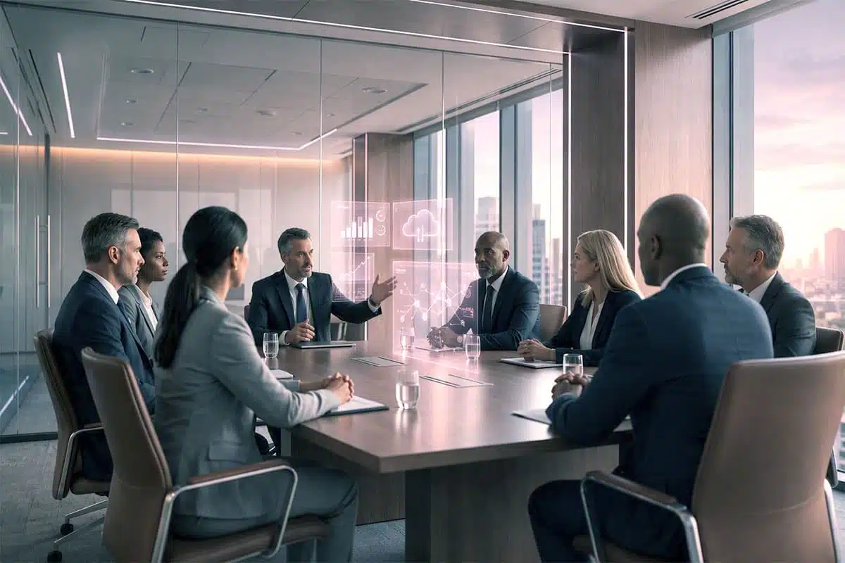 Consultoria estratégica em reunião executiva com equipe analisando indicadores de desempenho e planejamento empresarial