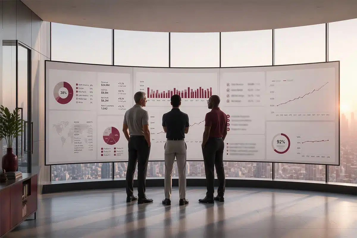 Líderes analisando indicadores de desempenho para delegar tarefas com autonomia e critérios de decisão em uma empresa.