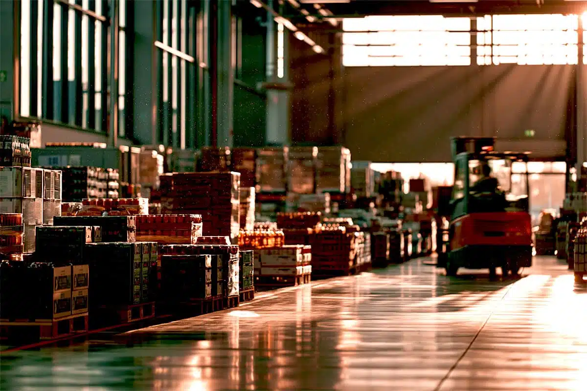 Gestão de fornecedores em centro de distribuição com mercadorias armazenadas e empilhadeira.
